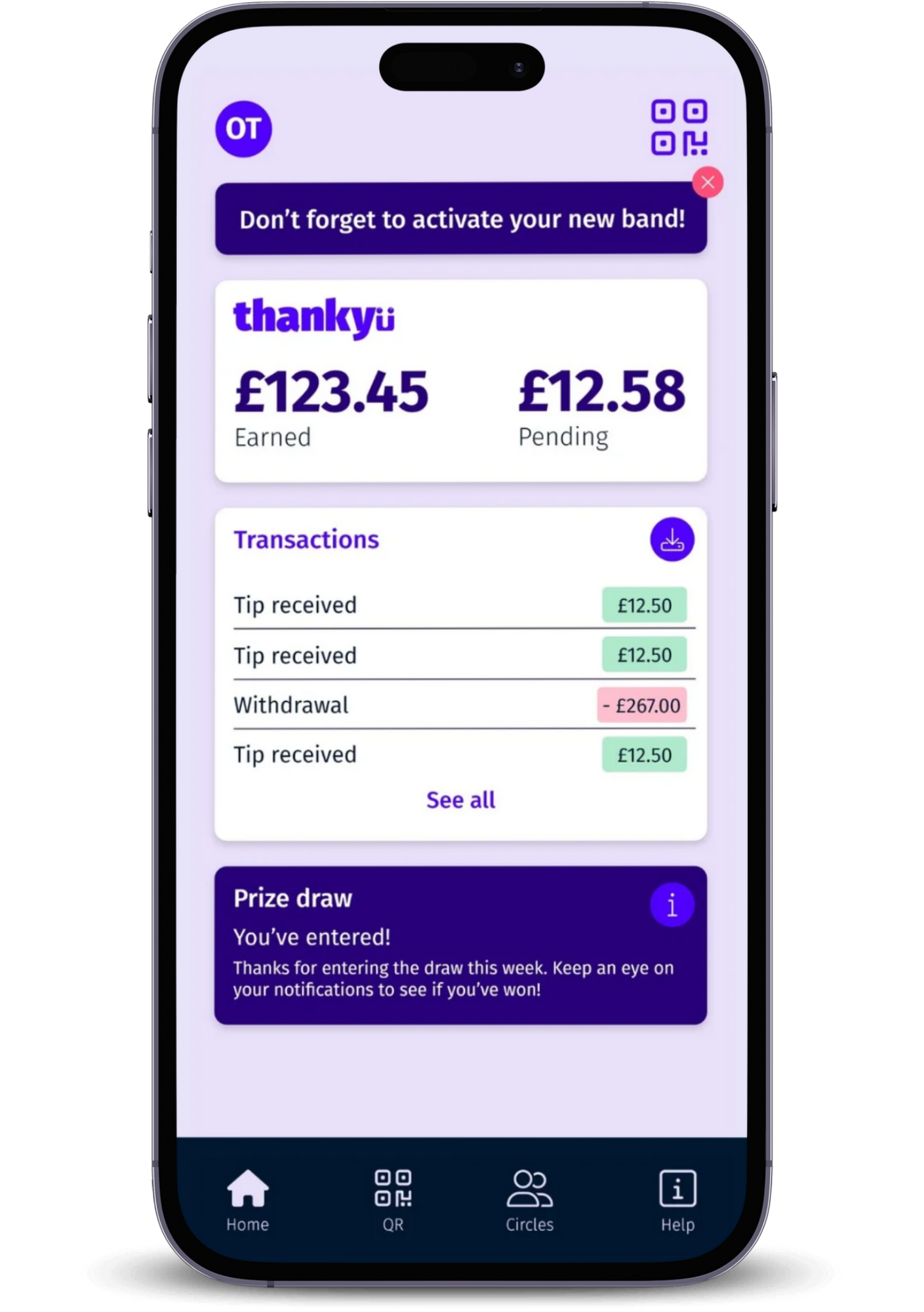 A smartphone screen displaying a banking app with account balance, recent transactions, and a prize draw notification.
