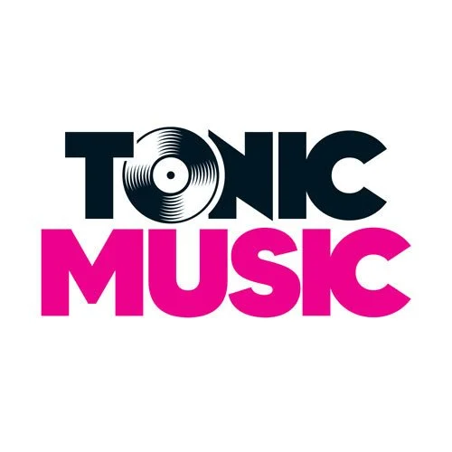 Logo with the words 'Tonic Music' in bold, black and pink text, with the 'O' in 'Tonic' styled as a vinyl record