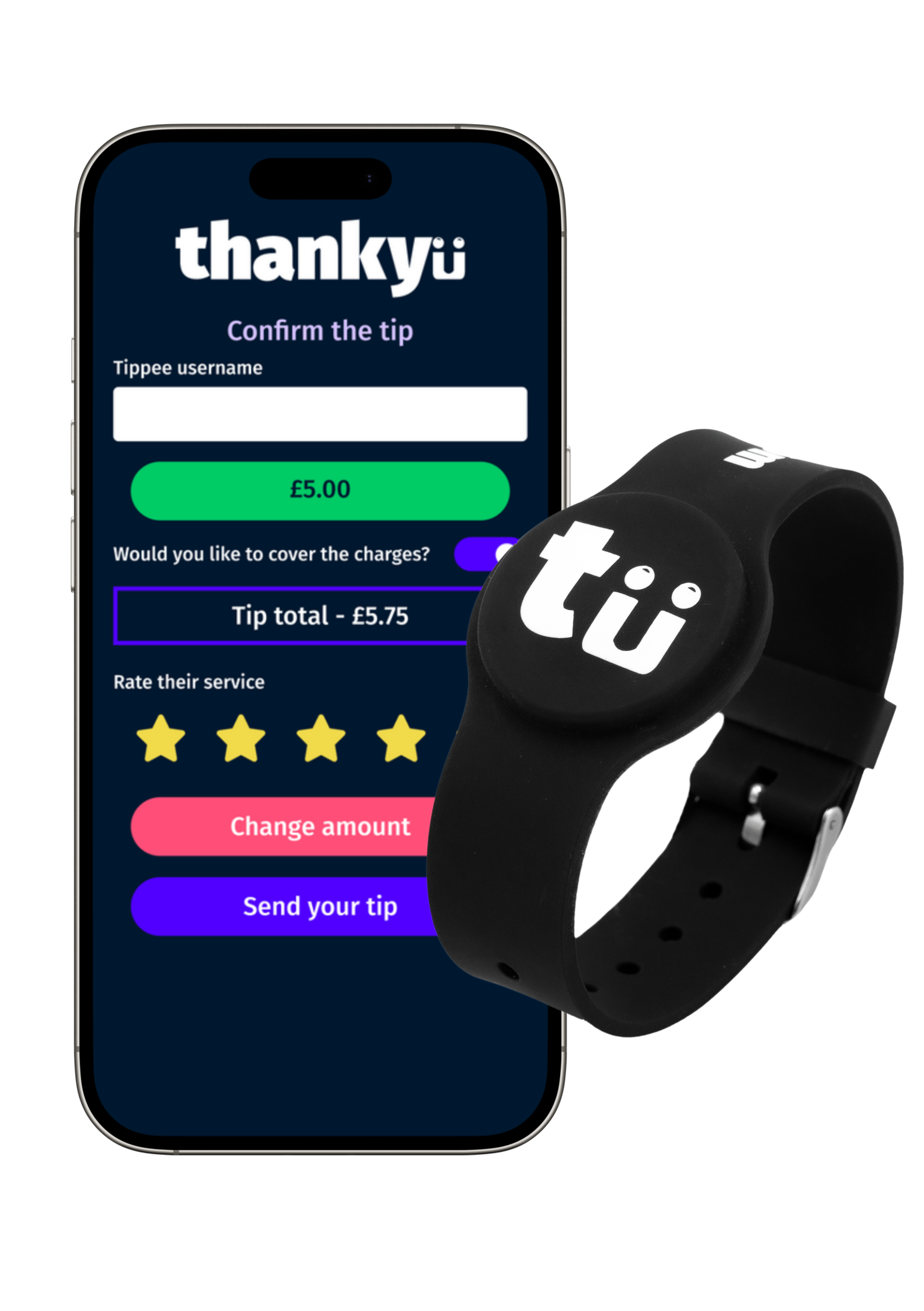 A smartphone displaying a tip payment app with the logo 'thankyu' and a black wristband with the same logo, both related to tipping service workers.