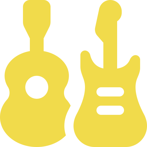Two yellow musical instruments, a guitar and a ukulele, side by side.
