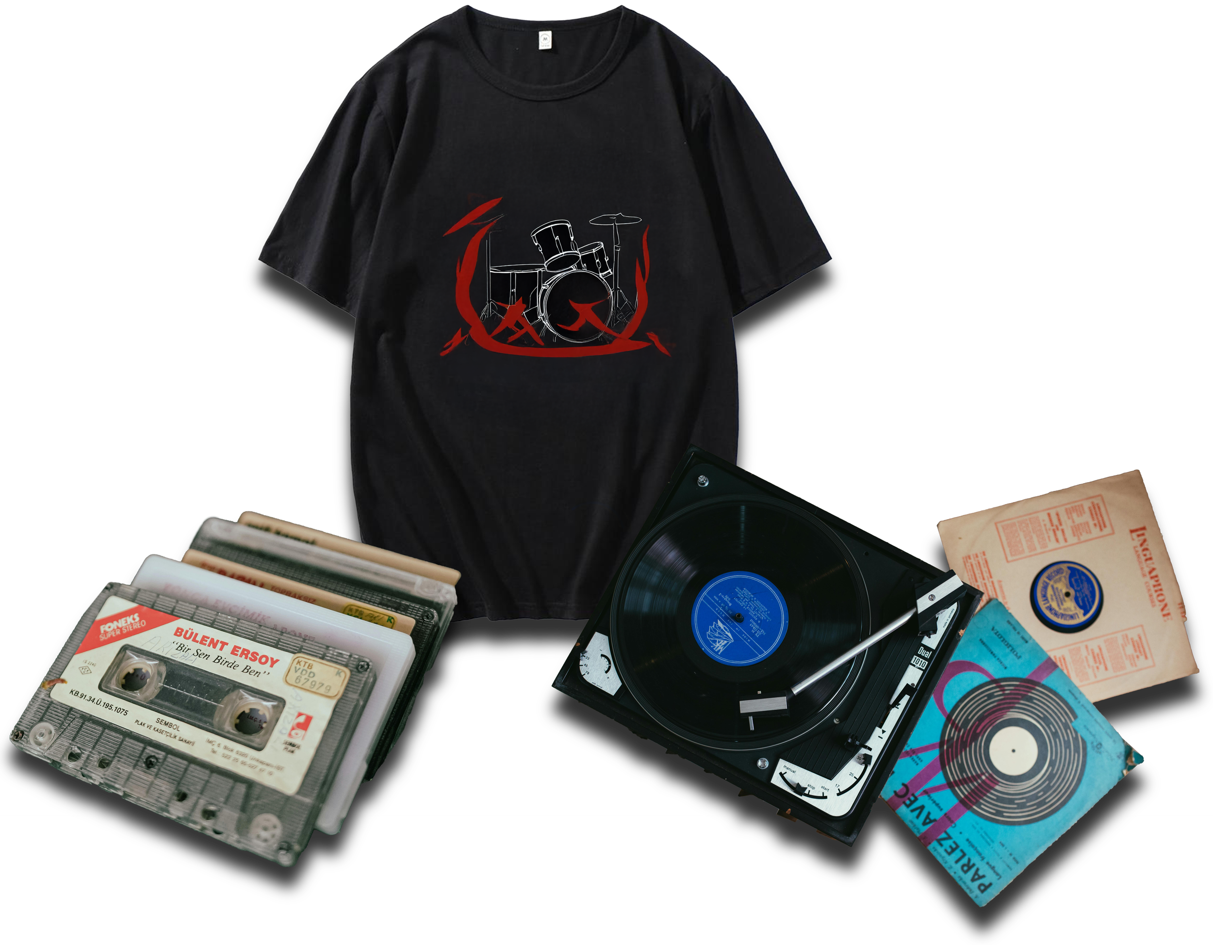 Black T-shirt with a red and white drum set graphic, vinyl record player, cassette tapes, and vinyl records on a black background.