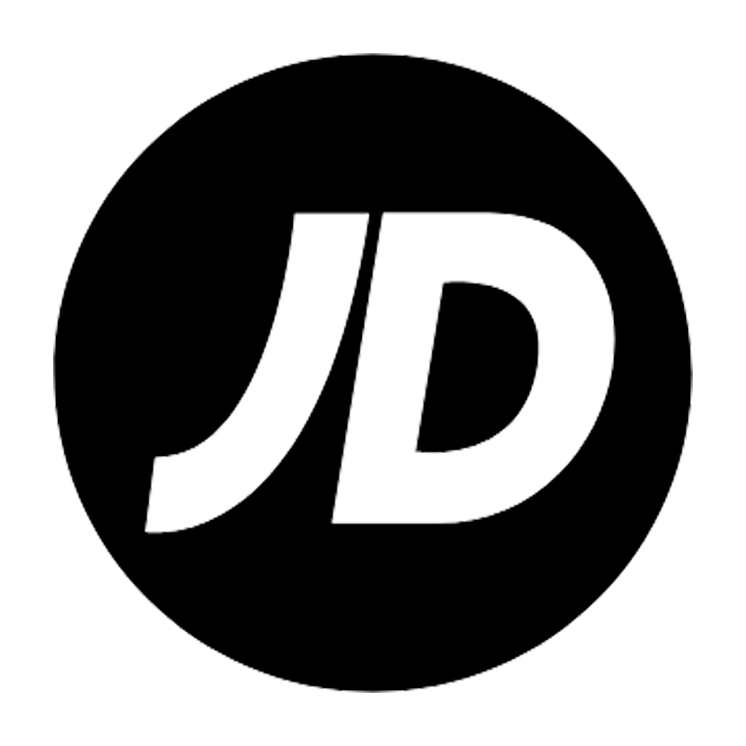 Black circle with white stylized letters 'JD' in the centre