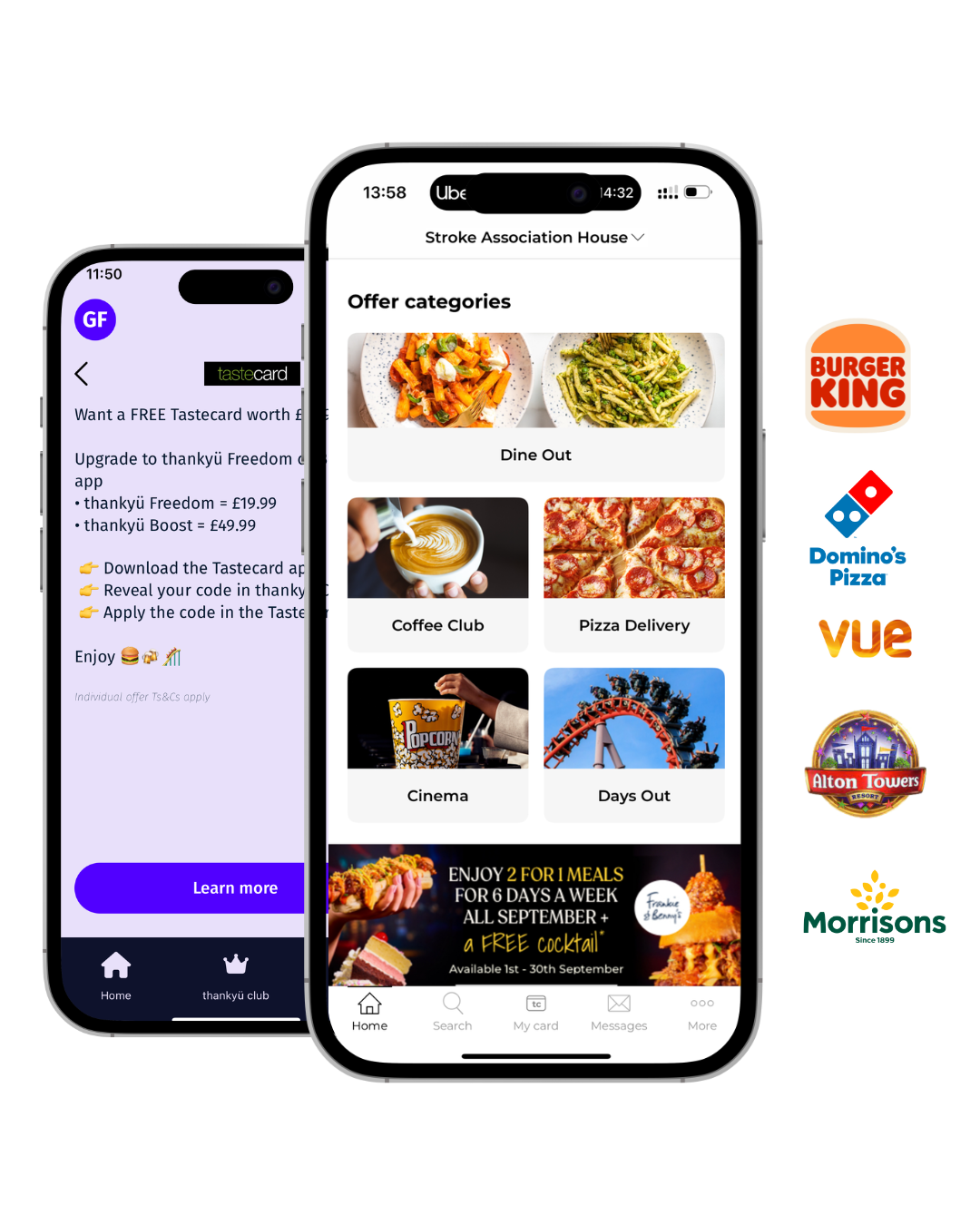 Screenshots of mobile apps displaying food and restaurant offers