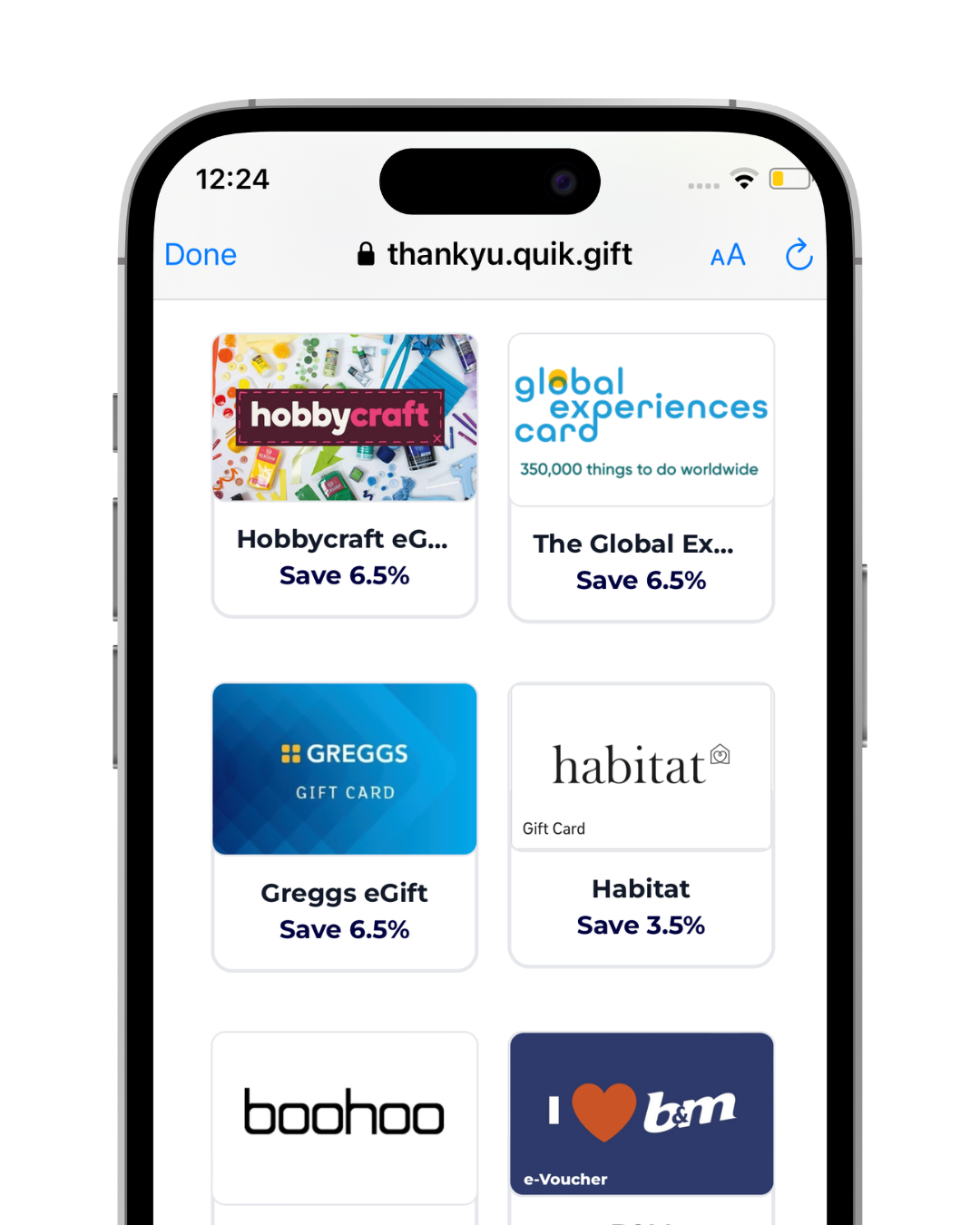 Screenshot of a mobile device displaying a webpage with gift card options from various stores, including Hobbycraft, The Global Experiences Card, Greggs, Habitat, boohoo, and B&M