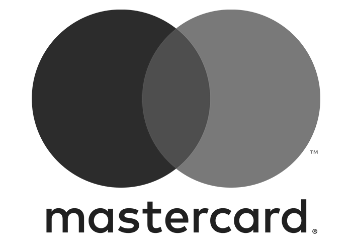 Black and white Mastercard logo with overlapping circles and the word 'mastercard' underneath.