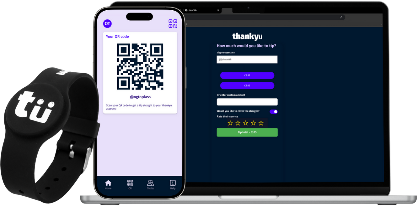 A laptop, a smartphone displaying a QR code, and an electronic wristband with the "tti" logo, all related to digital tipping and payment services.