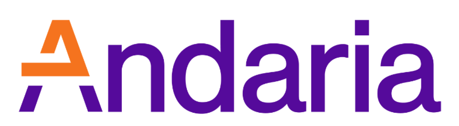 Logo with a stylized orange letter A and the word Andaria in purple.