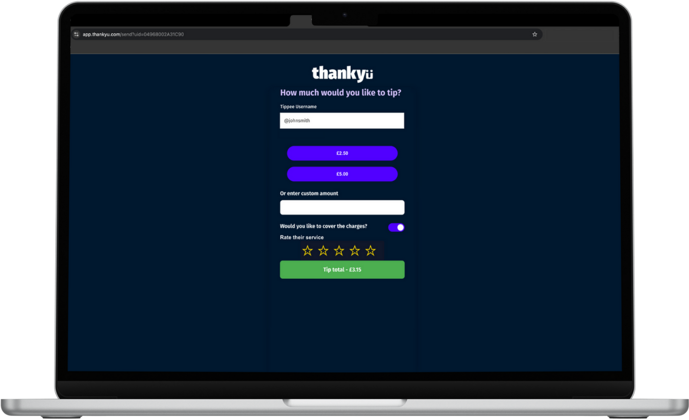 Screenshot of a website page for thankyu, a tipping platform. The form asks for username, offers preset tip amounts of £2.50 and £5.00, a custom amount field, an option to cover charges, a star rating for service, and a green button for the total tip amount.
