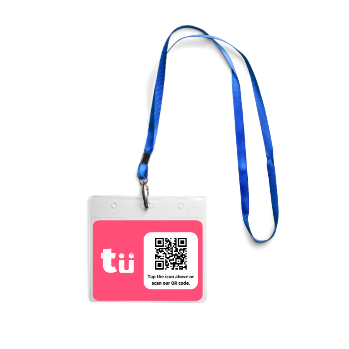 A pink and gray badge with a blue lanyard, featuring a QR code and the text "tui" and "Tap the icon above or scan our QR code."