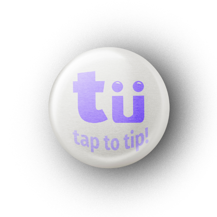 A white oyster shell with purple 'tu' logo and the phrase 'tap to tip!' written on it, set against a black background.