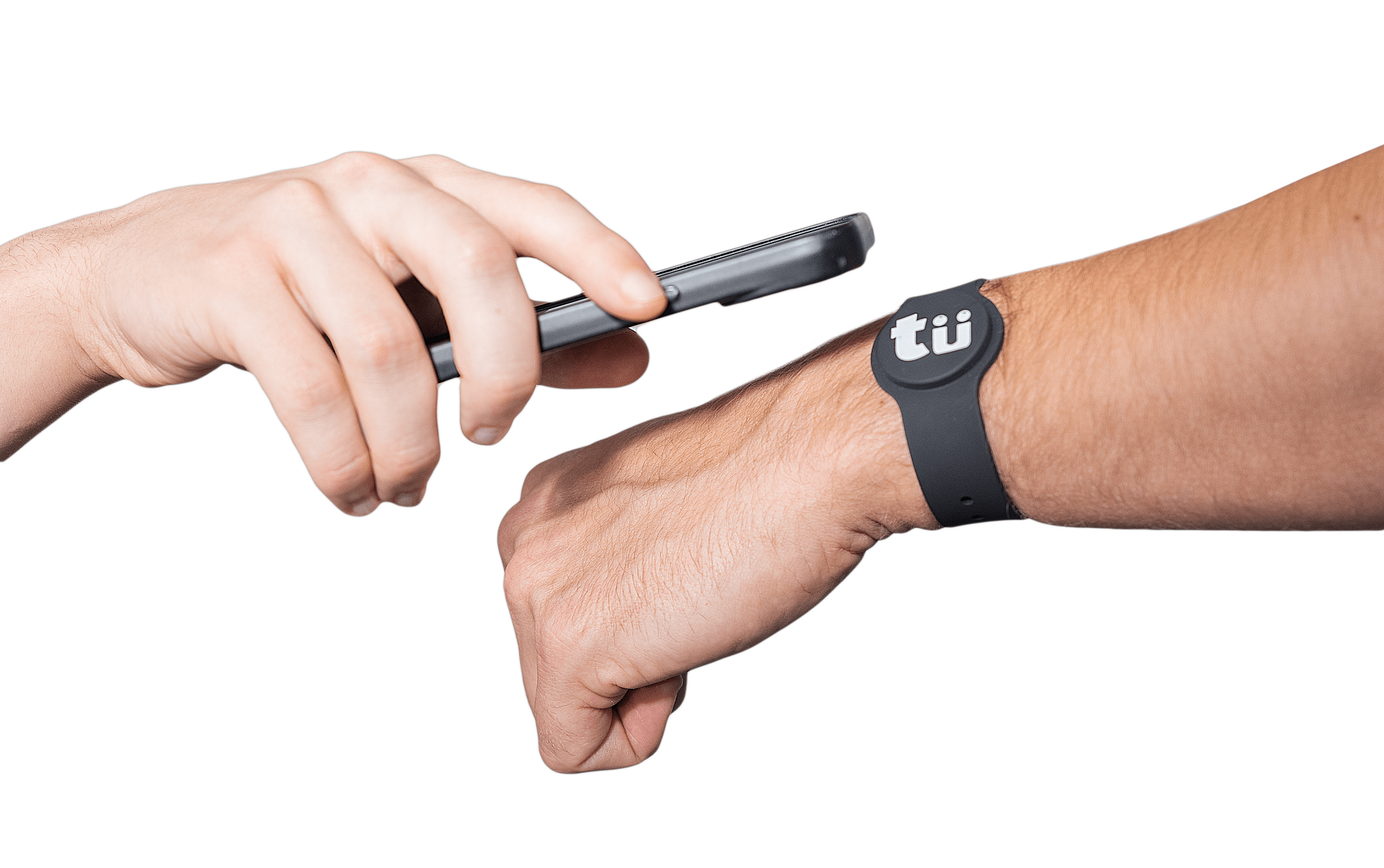 Person holding a phone to measure a wrist with a fitness tracker. The person's arm is extended forward.