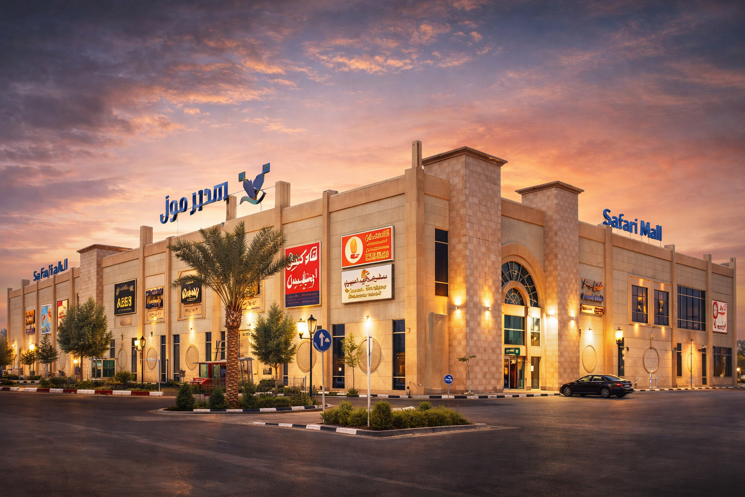 The Safari Mall building at sunset with illuminated signs, palm trees, and a street in the foreground.