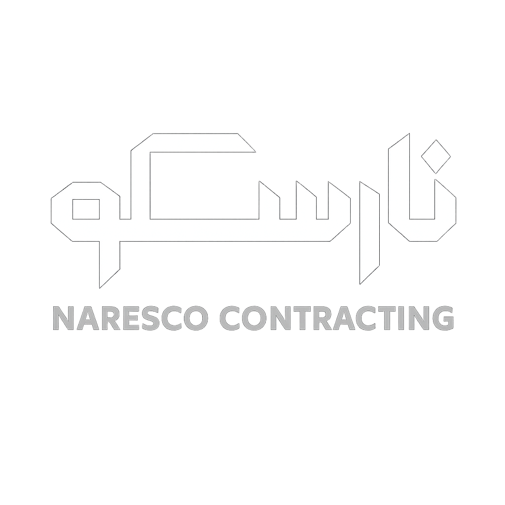 Logo with Arabic calligraphy and the words "Naresco Contracting" underneath, on a black background.