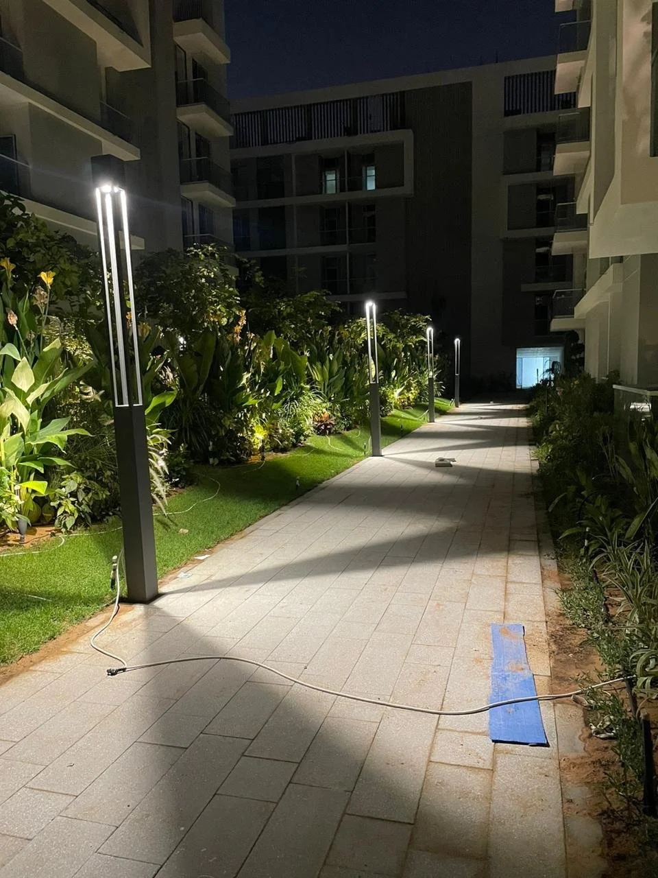 Nighttime scene of a modern apartment complex walkway illuminated by outdoor lights, with green plants and flowers on either side, and building balconies visible in the background.