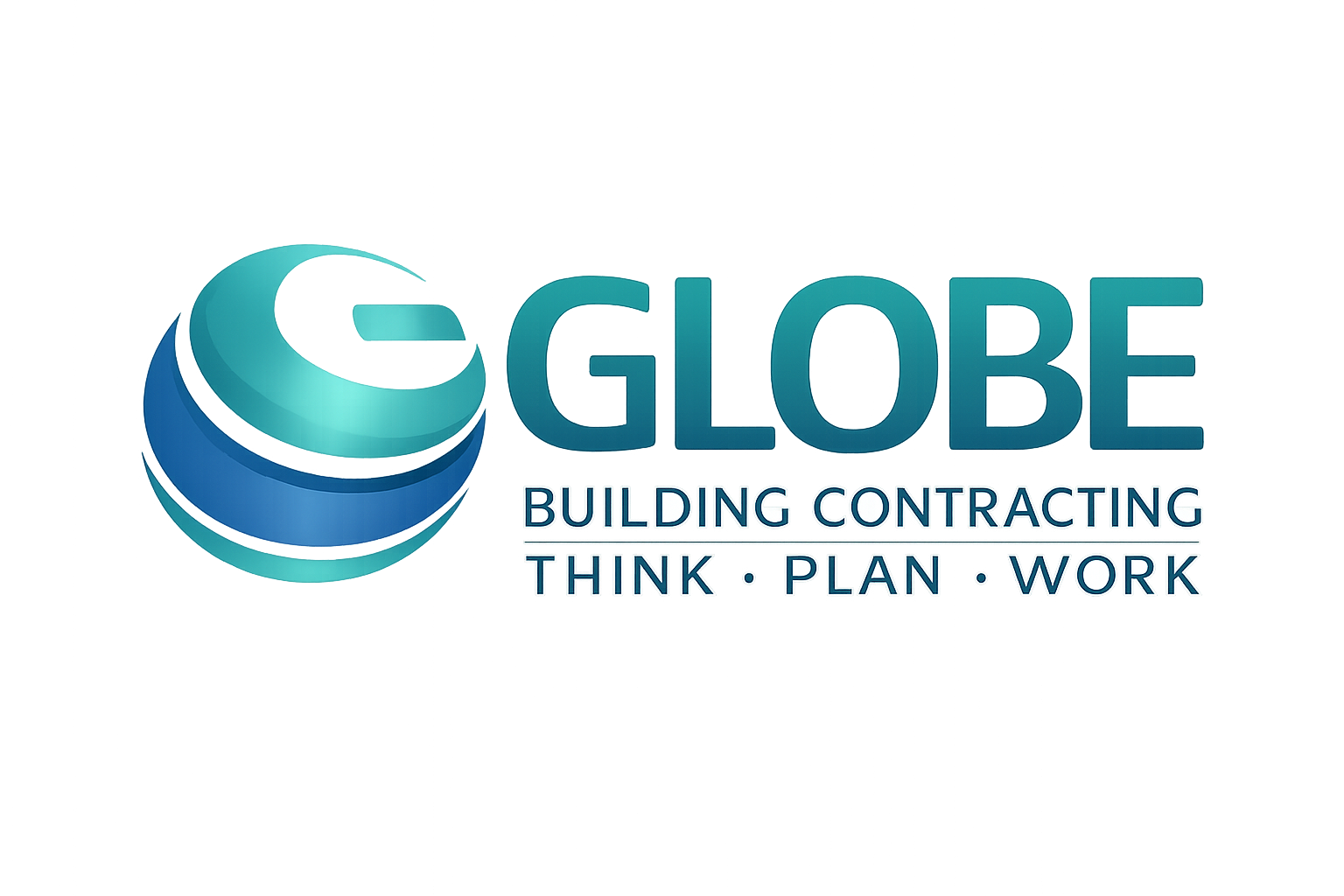 Logo for Globe Building Contracting with a 3D globe icon and the words "GLOBE BUILDING CONTRACTING" and the slogan "THINK · PLAN · WORK" in blue on a light background.