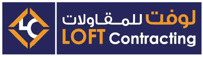 Logo for Loft Contracting with Arabic and English text.
