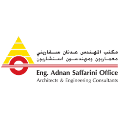 Logo for Eng. Auto Parts and Office, featuring a stylized yellow and red triangle and a red gear symbol with both Arabic and English text.
