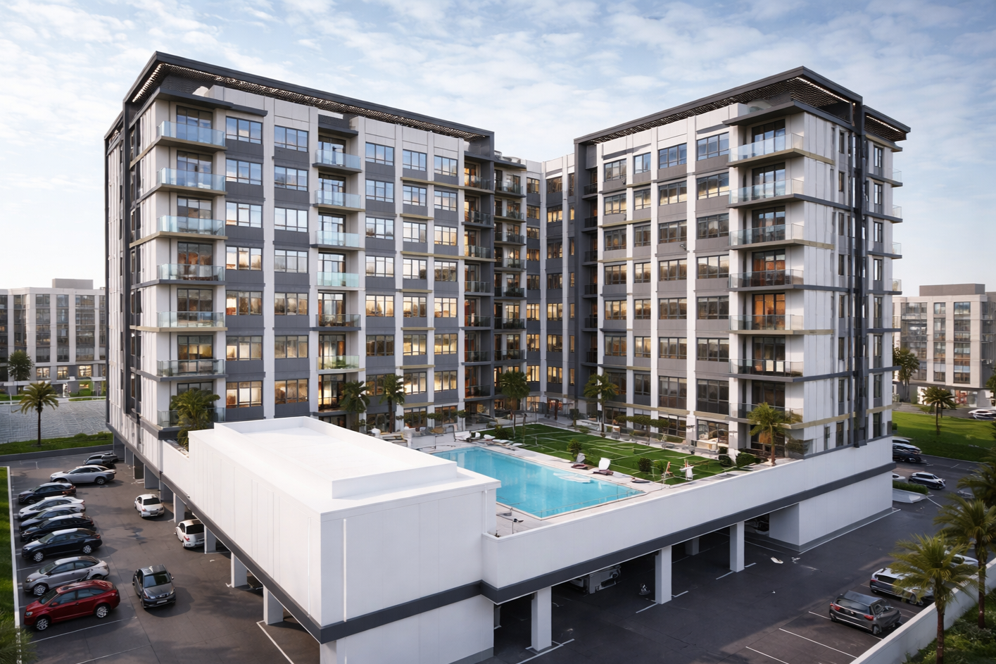 Modern apartment complex with a rooftop swimming pool, outdoor seating, and landscaped green areas, surrounded by parking lots and other buildings.