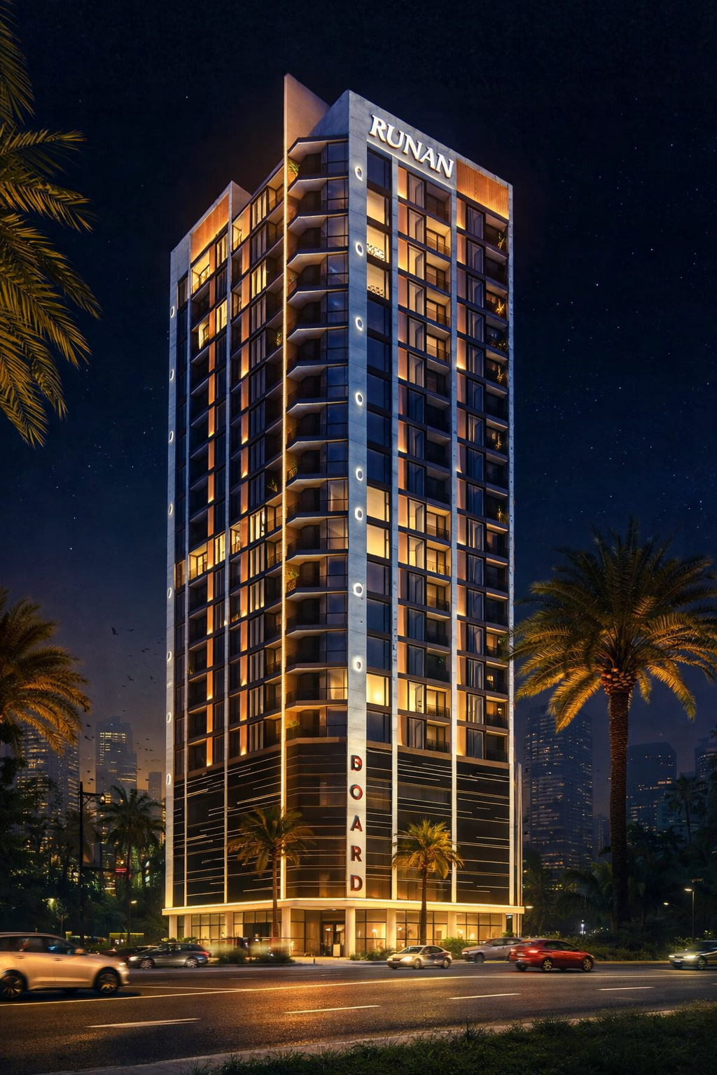 Night view of a tall modern hotel building labeled 'RUNAN' on top and 'BOARD' on the side, illuminated with interior and exterior lights, and surrounded by palm trees and cars on the street.
