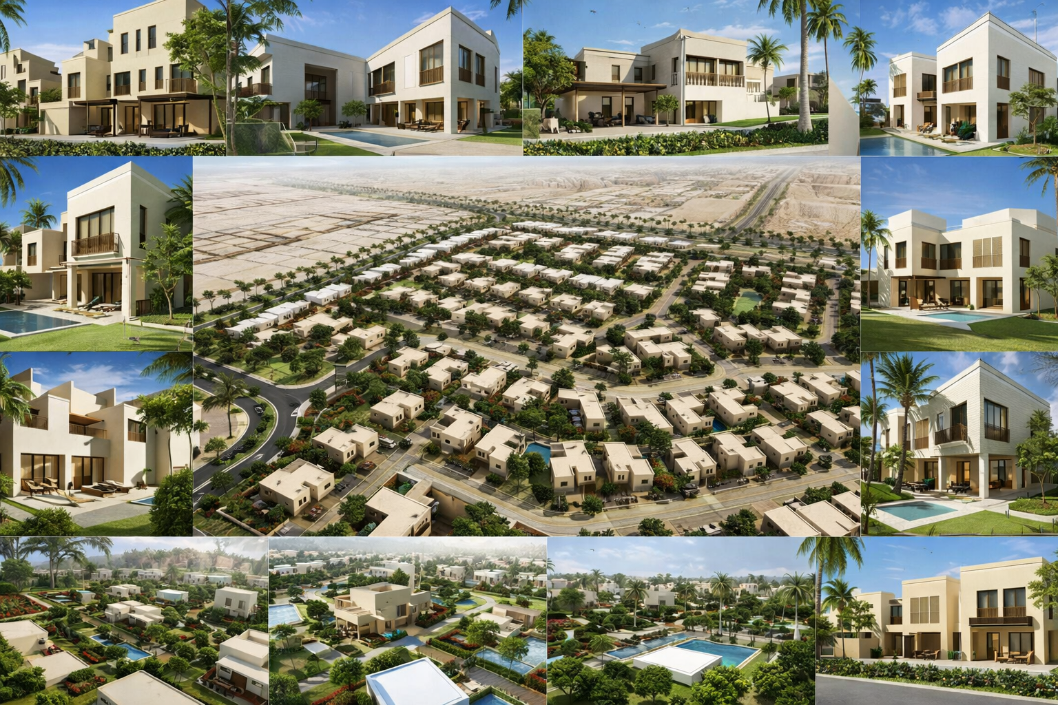 Aerial view of a planned community with modern white houses, green lawns, swimming pools, and palm trees, showing neighborhood layout and surrounding desert landscape.