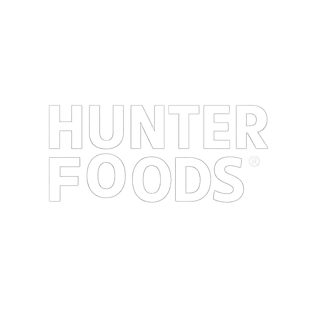 Black background with white text reading "HUNTER FOODS"