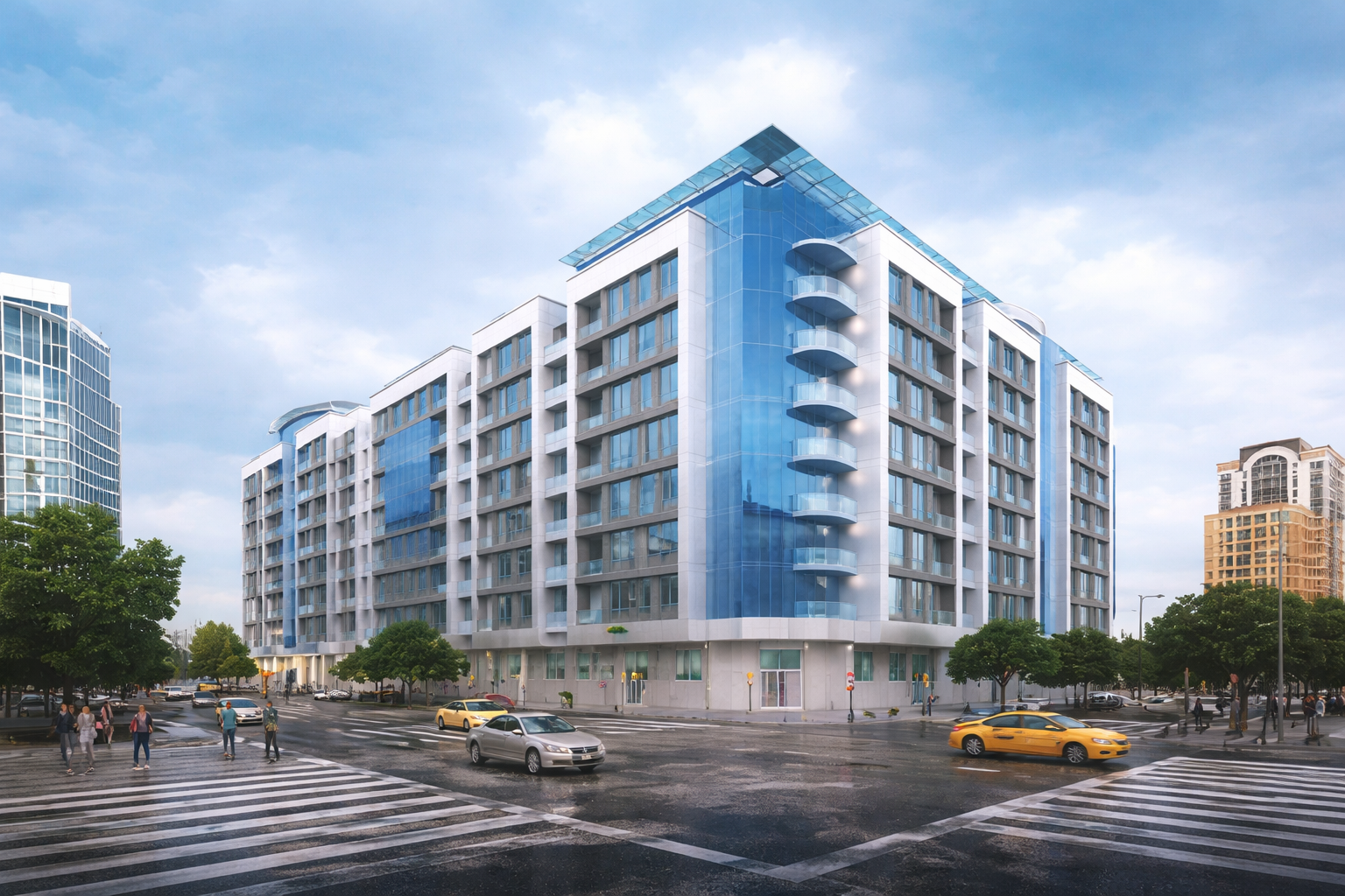 Modern multi-story glass building at corner of city street with crosswalk, cars, and pedestrians, surrounded by trees and other buildings under partly cloudy sky.