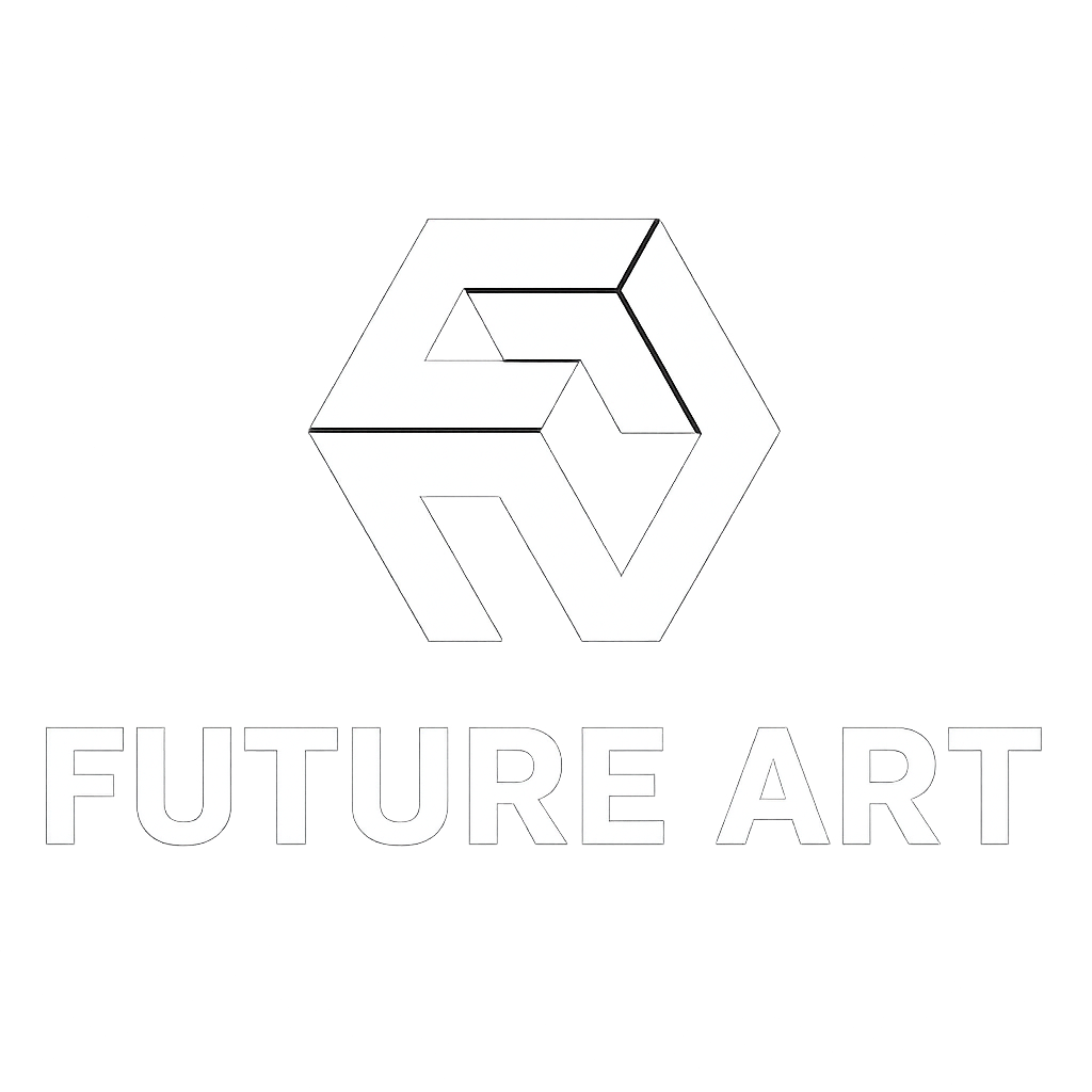 A black background with a white geometric logo of a 3D cube and the words "FUTURE ART" below it.