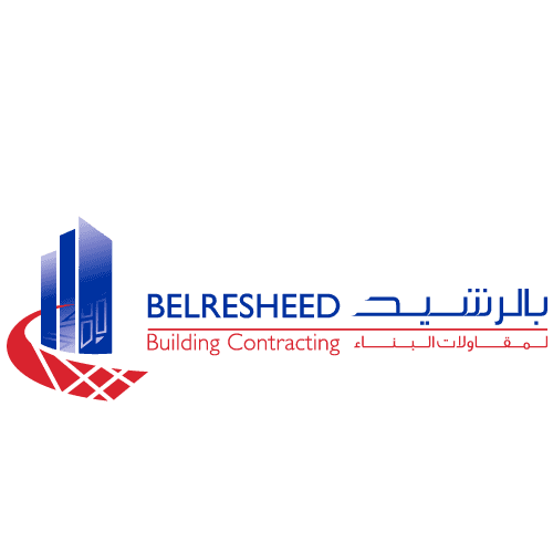 Logo for Belresheed Building Contracting, featuring stylized buildings and Arabic text.