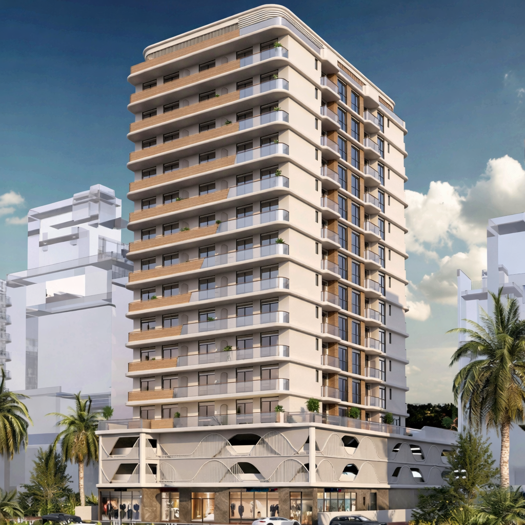 A modern multi-story residential building with curved balconies and a mixed-use ground floor, surrounded by palm trees under a partly cloudy sky.