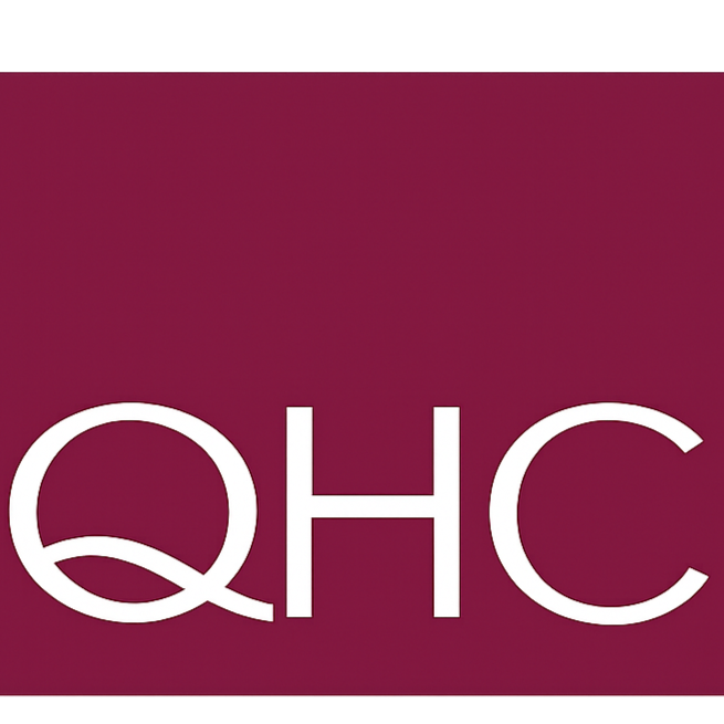 Close-up of a logo with the letters 'QHC' on a maroon and black background.