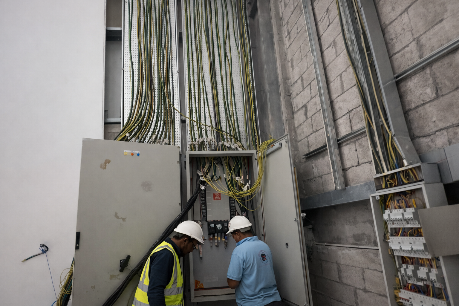 Two workers in safety gear inspecting an electrical panel with multiple wires in an industrial setting.