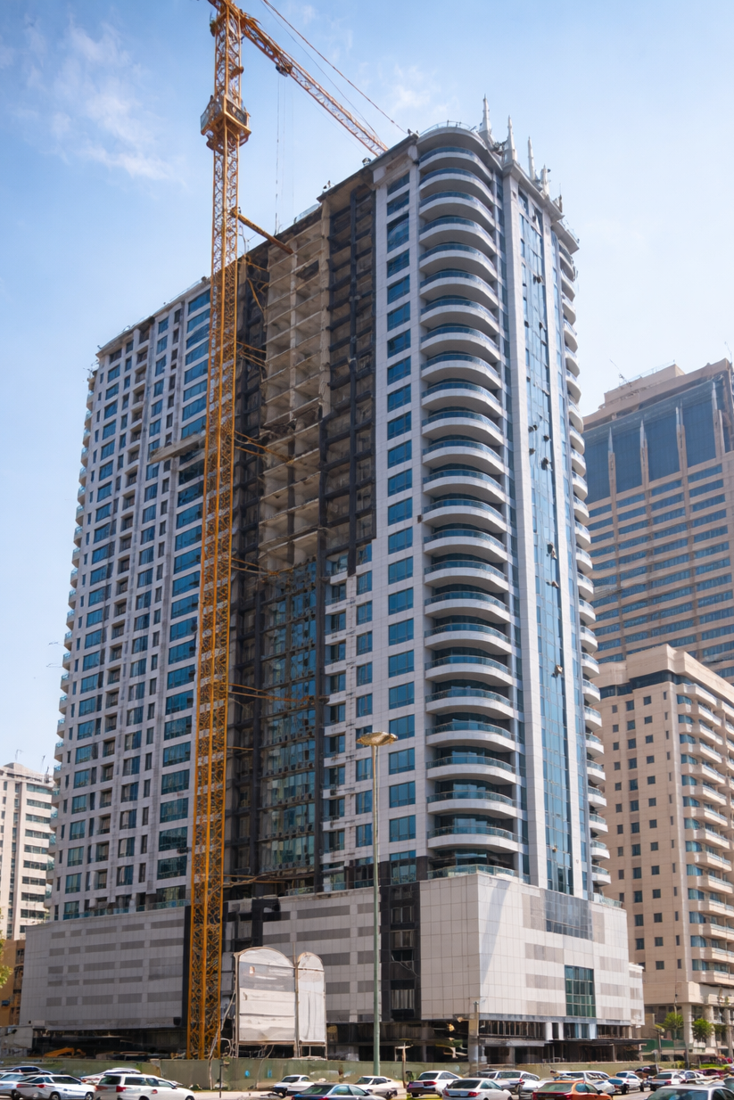 A high-rise building under construction with a yellow crane on the left side, surrounded by other tall buildings and a parking lot at the base.