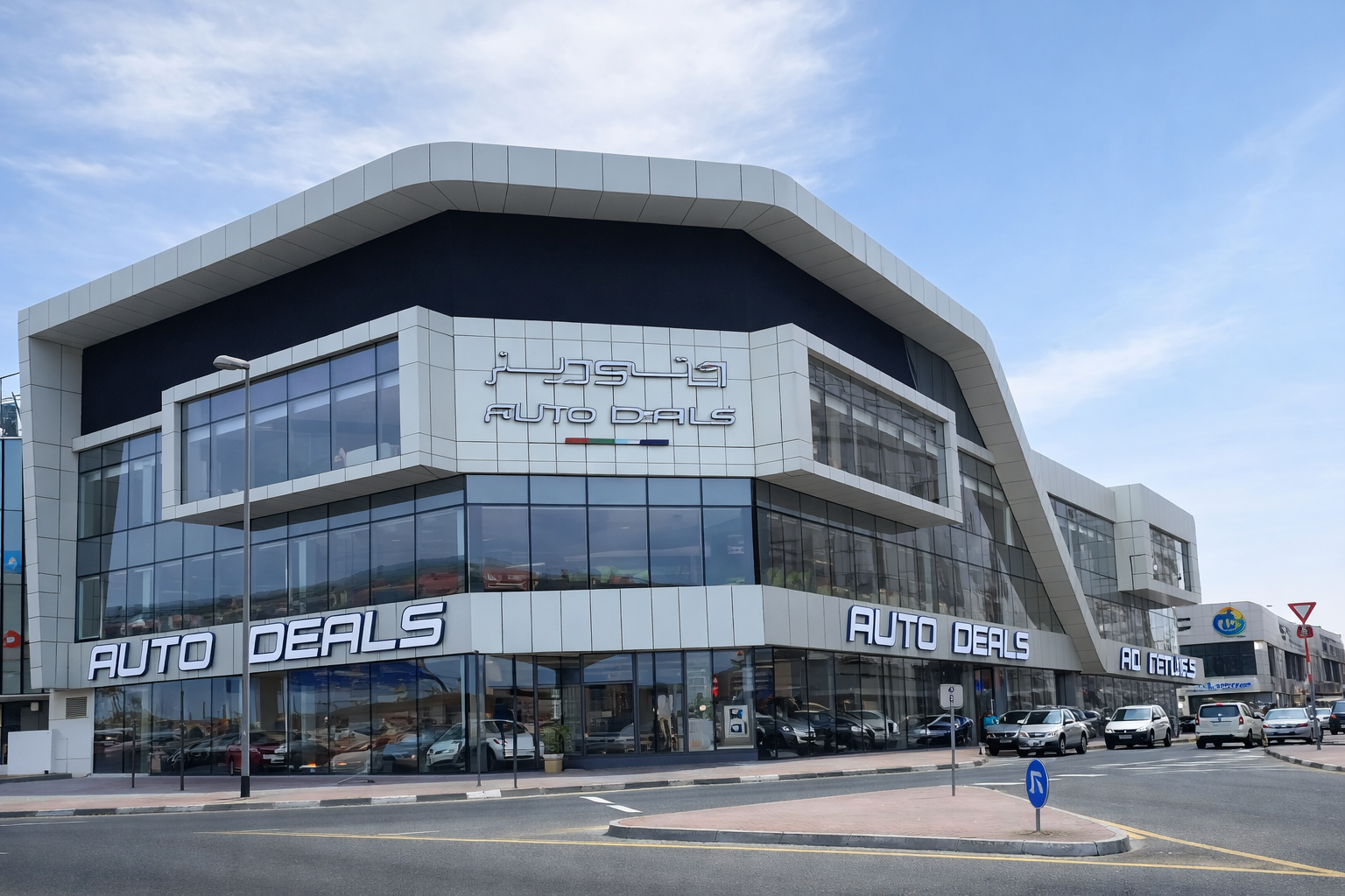 Modern auto dealership building with large glass windows, signage reading 'Auto Deals,' and a parking lot with several cars in front.