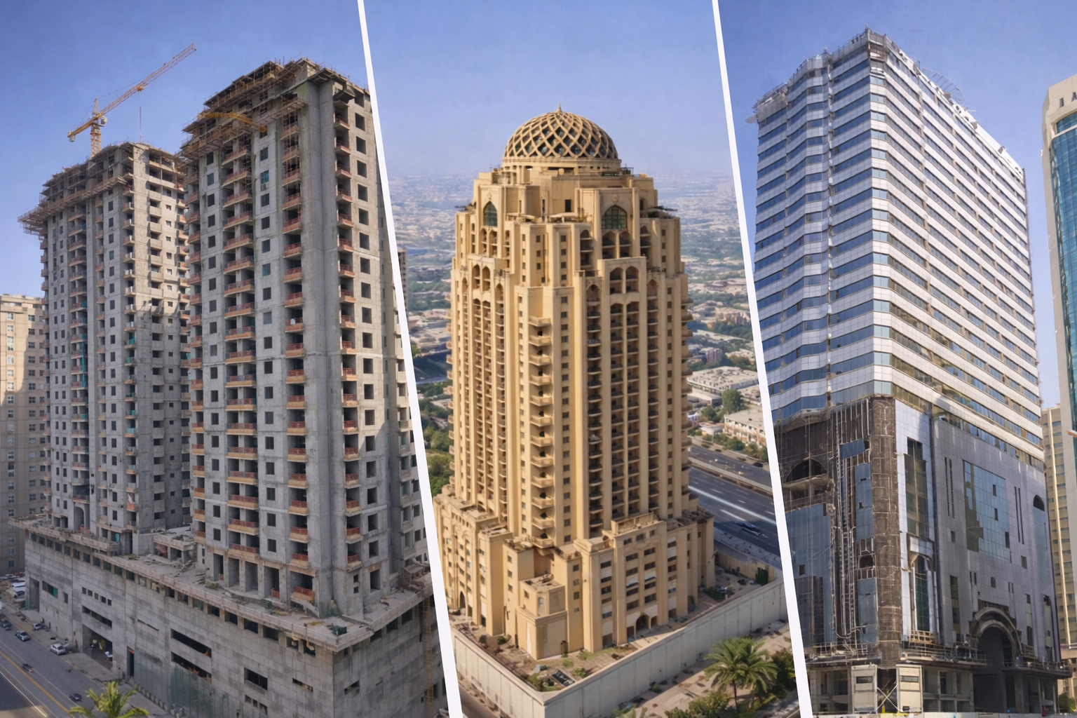 Collage of three tall buildings under construction and completed, set against cityscape background.