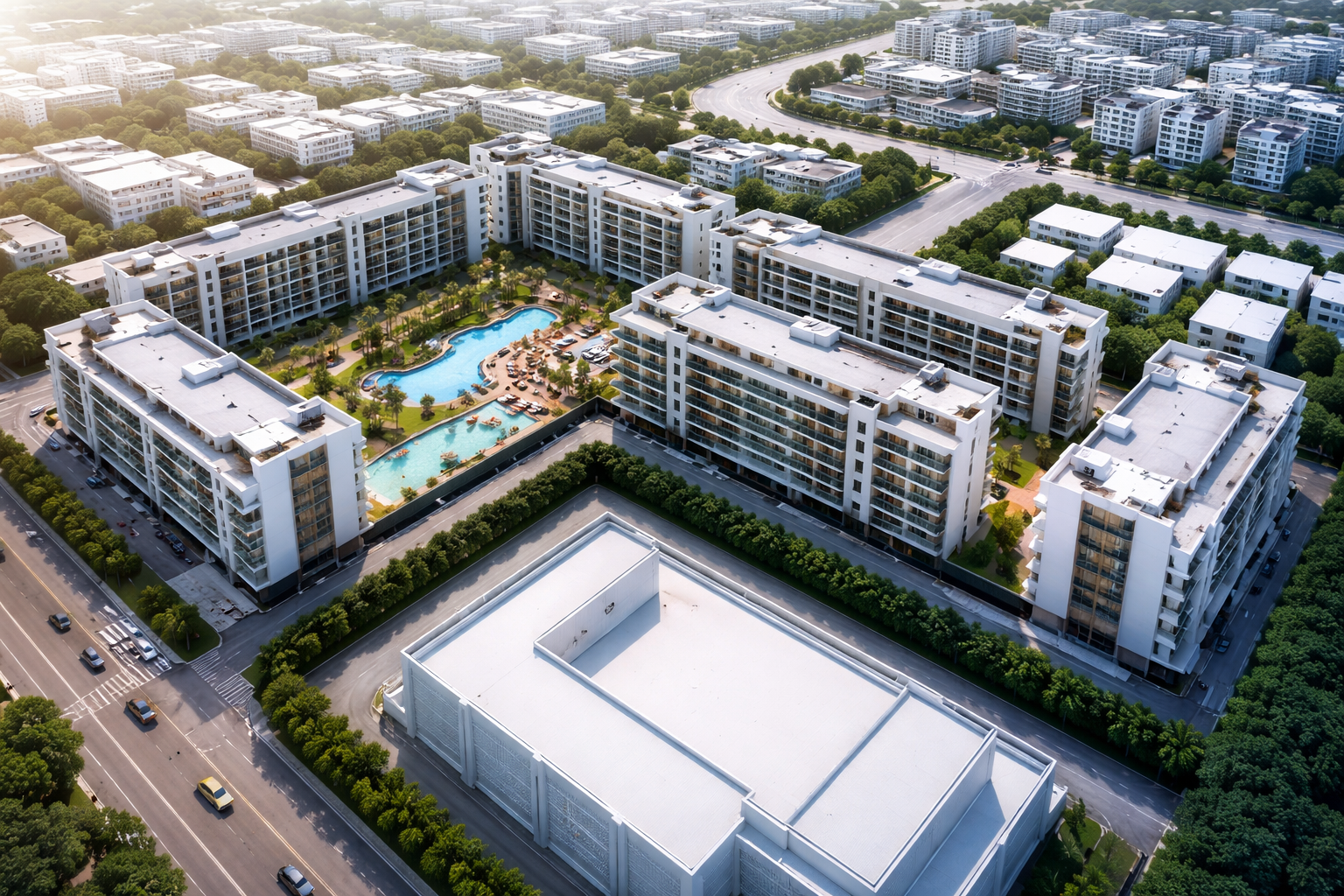 Aerial view of a modern residential complex with multiple white apartment buildings surrounding a large outdoor swimming pool area, with sun loungers, palm trees, and lush greenery.