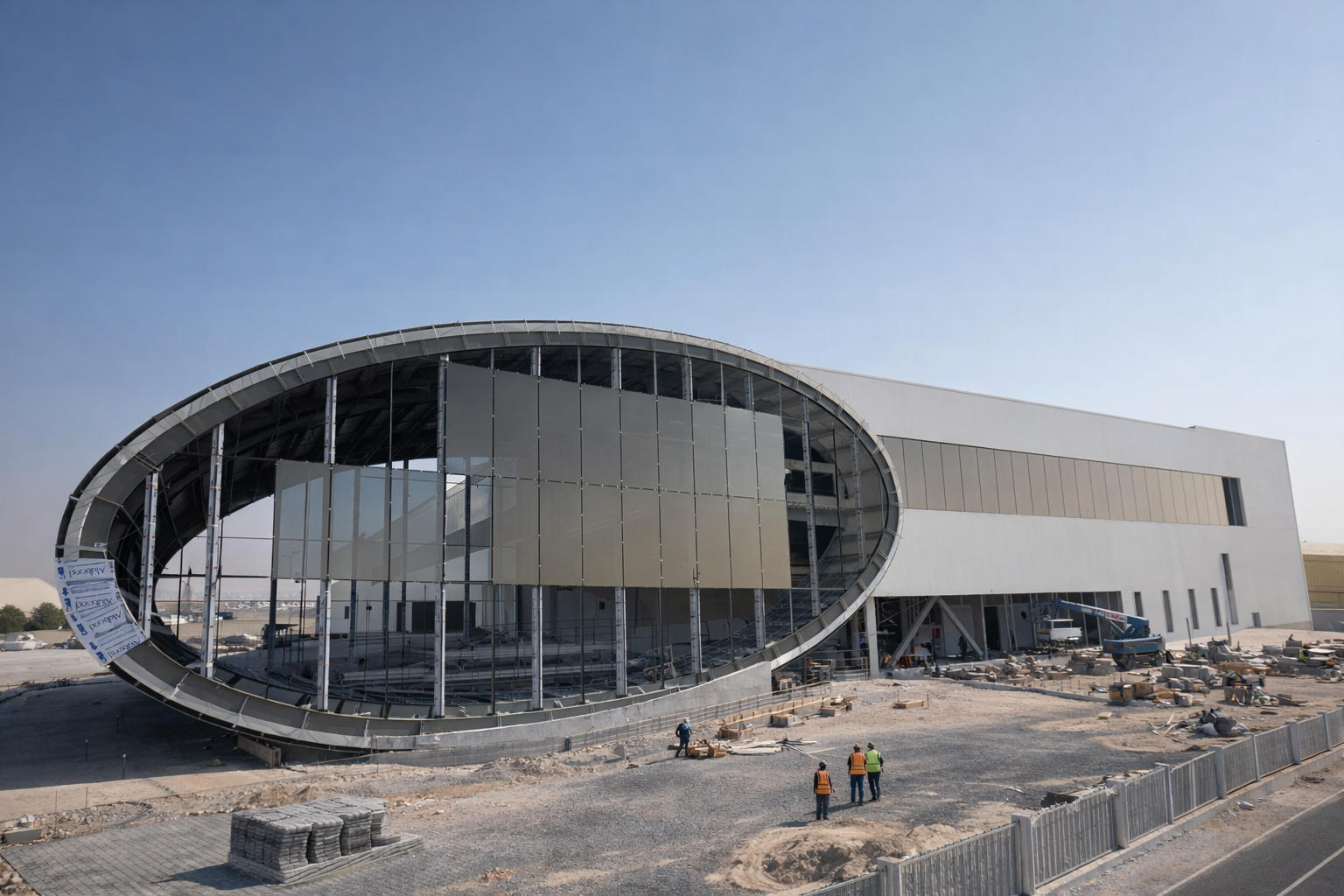 Under construction modern building with oval-shaped front entrance, construction workers in safety vests, cars, and construction materials around.