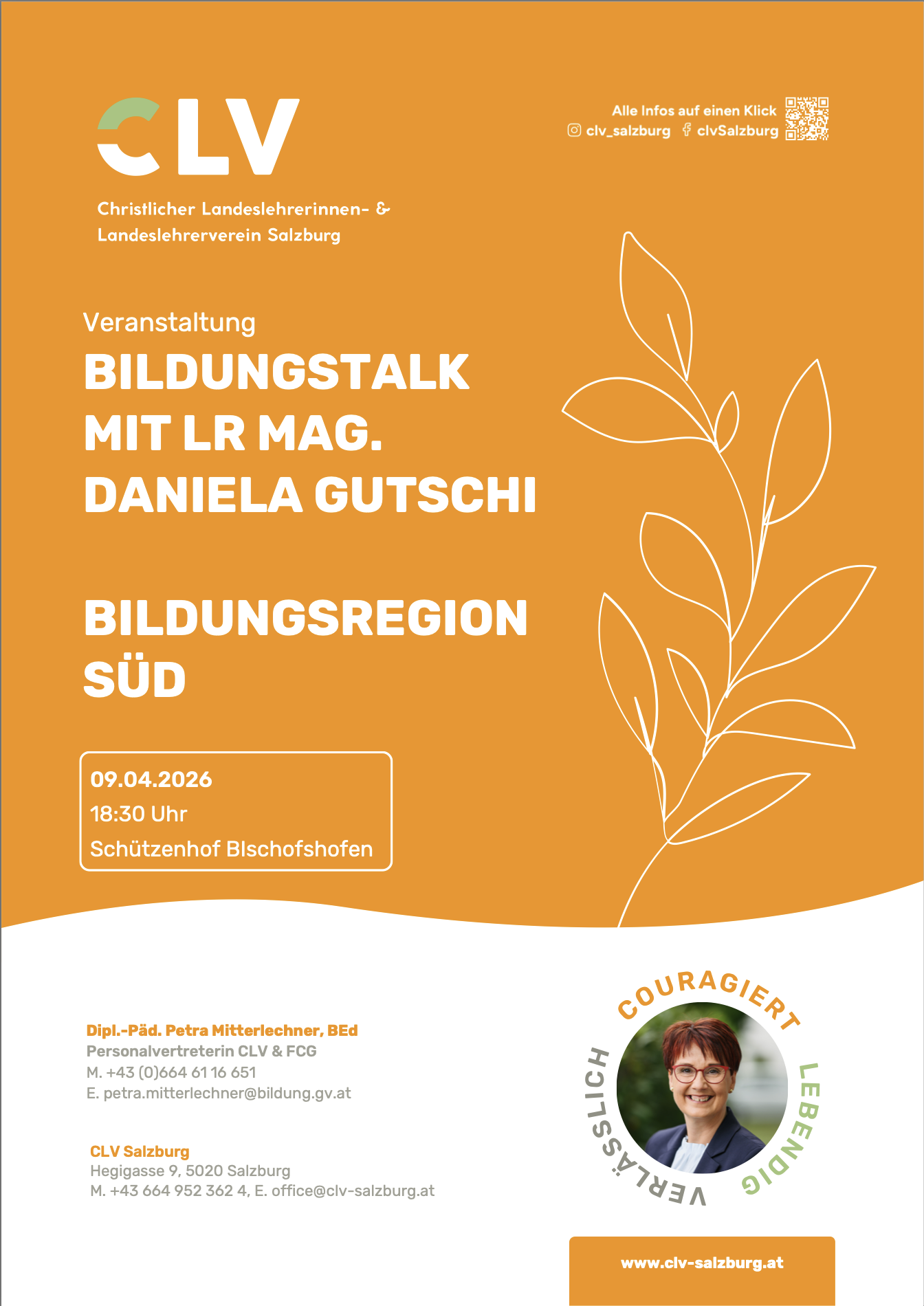 Flyer in orange and white für eine Bildungsdiskussion mit Daniela Gutschi am 9. April 2026 um 18:30 Uhr im Schützenhof Bischofshofen, organisiert vom Christlichen Landeslehrerinnen- und Landeslehrerverein Salzburg.