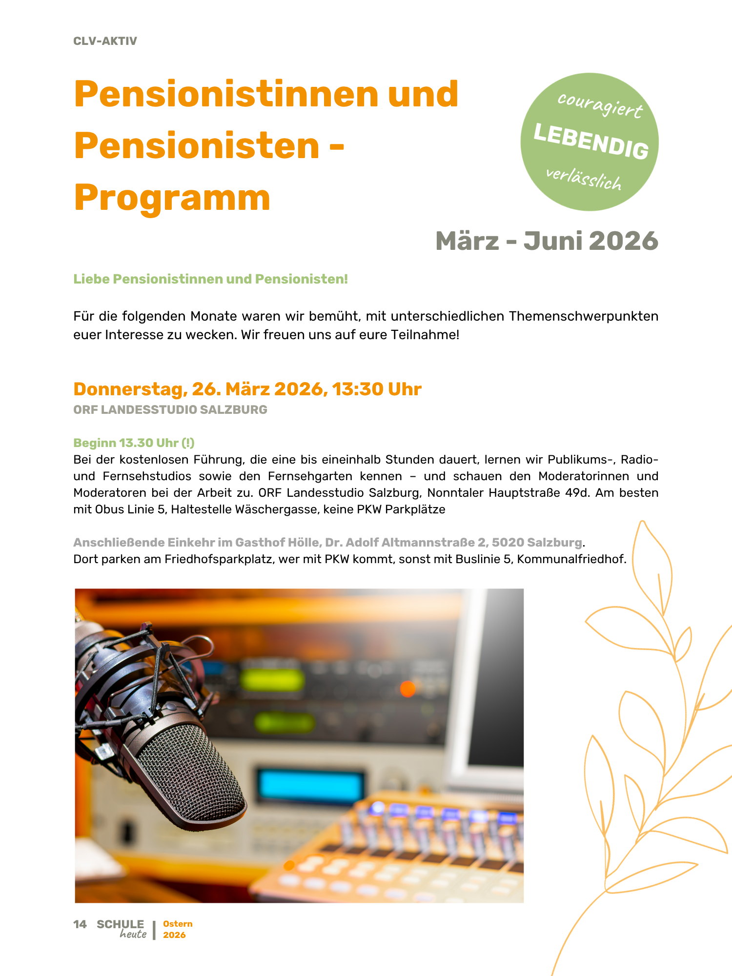 Poster für ein Programm für Pensionistinnen und Pensionisten im März bis Juni 2026 mit dem Titel "Pensionistinnen und Pensionisten - Programm". Enthält Details zu einer Veranstaltung am 26. März 2026 um 13:30 Uhr im ORF Landestudio Salzburg, inklusiv