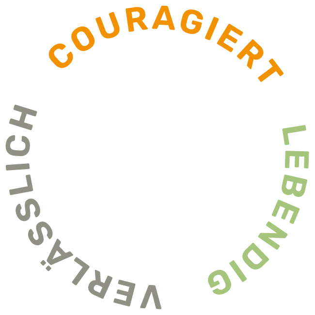 Ein schwarzes Logo mit einem Kreis aus bunten Worten, darunter sind die Worte "Verein für Cave Diving" und "Caving" in deutschen und englischen Begriffen, im Kreis angeordnet.