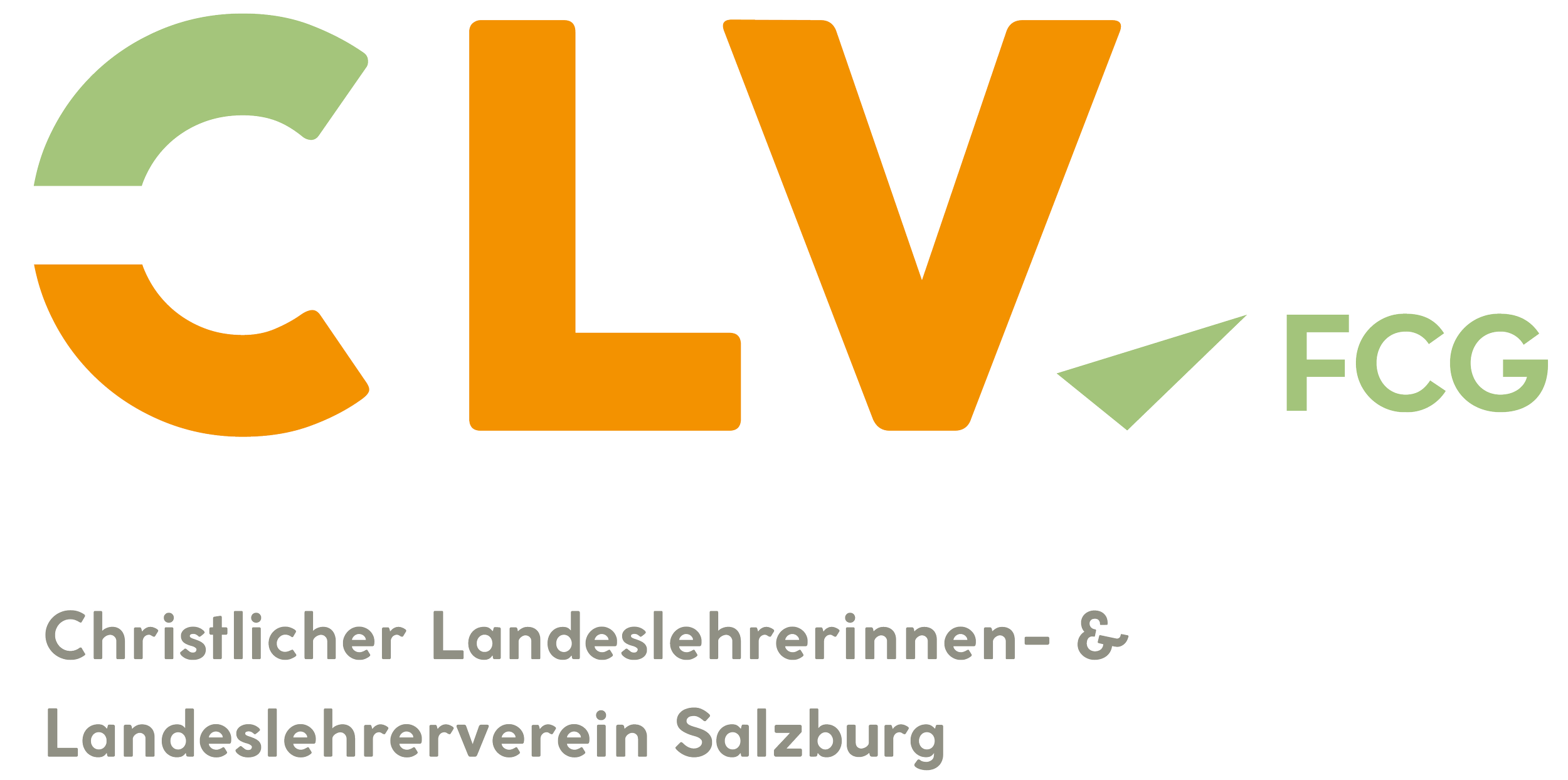 Logo des Christlichen Landeslehrerinnen- und Landeslehrervereins Salzburg, mit großen Buchstaben "CLV" in orange und grün, darunter die Bezeichnung in Grau.