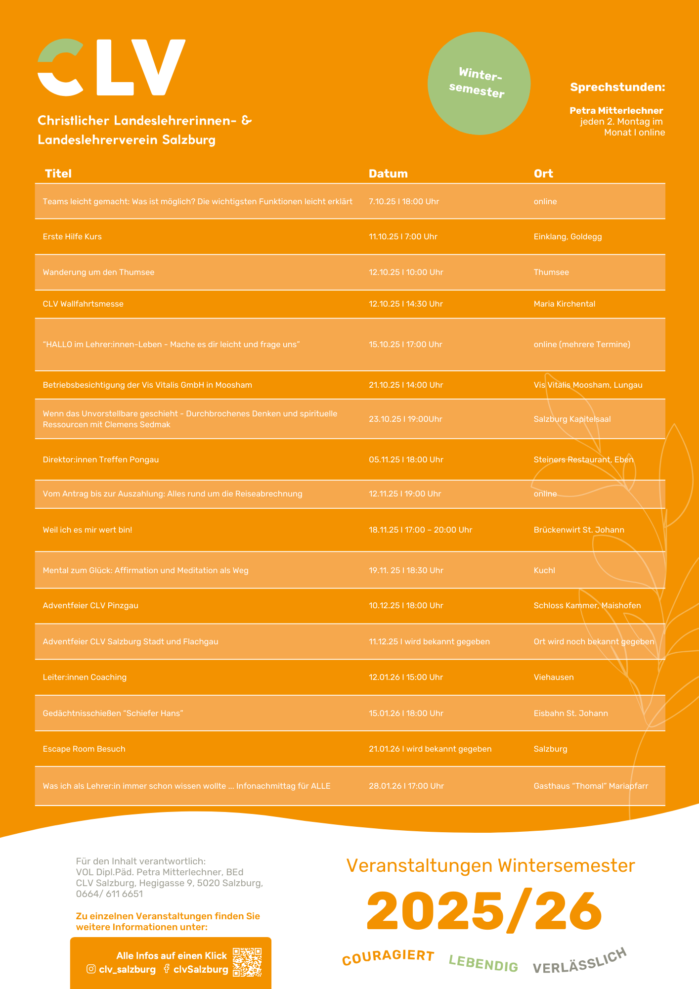 Übersicht über Veranstaltungen des Christlichen Landeslehrerinnen- und Landeslehrerverein Salzburg für das Wintersemester 2025/26, mit Terminen, Orten und Zeiten, auf orangefarbenem Hintergrund mit weißen und grünen Akzenten.