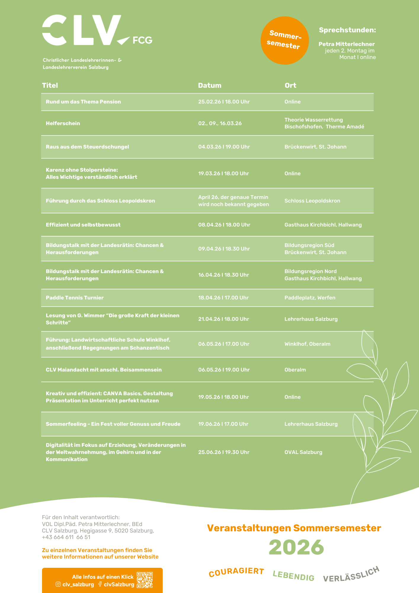 Übersicht eines Veranstaltungsplans für den Sommer Semester 2026 des Christlichen Landeslehrerinnen- und Landeslehrerverbandes Salzburg, mit Terminen zu Vorträgen, Führungen, Workshops und Online-Veranstaltungen, auf grünem Hintergrund mit weißen und orangefarbenen Texten.
