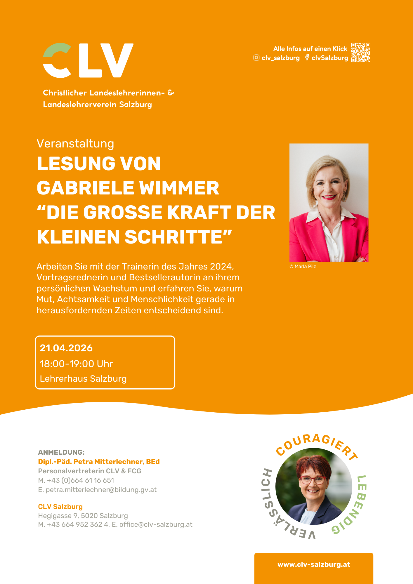 Flyer für eine Lesung mit Gabriele Wimmer, veranstaltet vom Christlichen Landeslehrerinnen- & Landeslehrerverein Salzburg, mit einem Bild von Gabriele Wimmer und einem orangefarbenen Hintergrund.