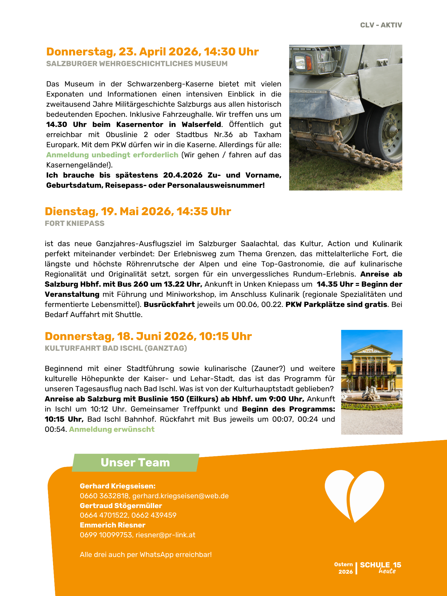 Informationsblatt mit Terminen und Fotos, darunter ein Panzer und ein Gebäude