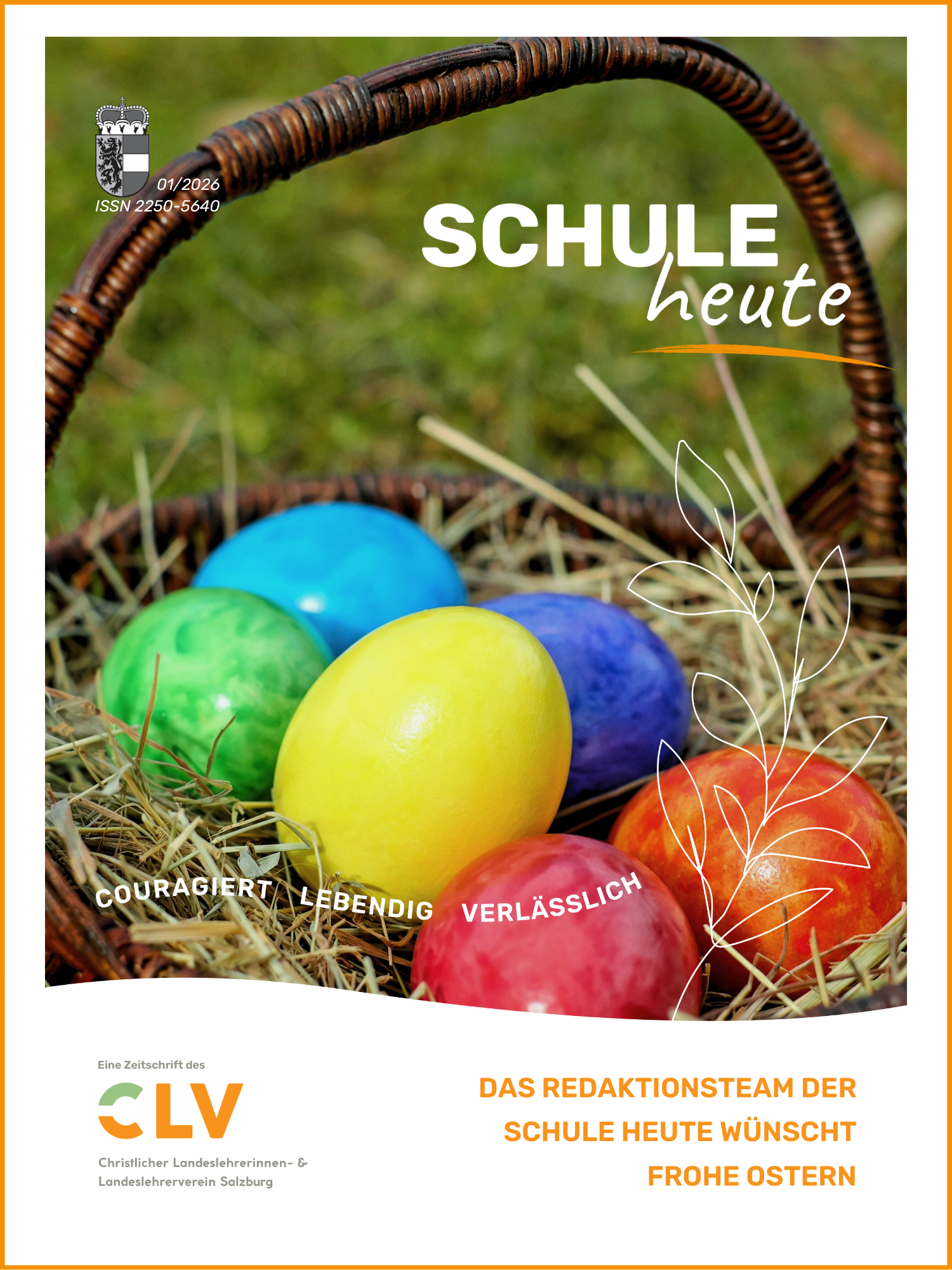 Ostereier in einem Korb auf Stroh auf einem grünen Hintergrund, mit textuellen Elementen und einer weißen Illustration eines Zweigs.