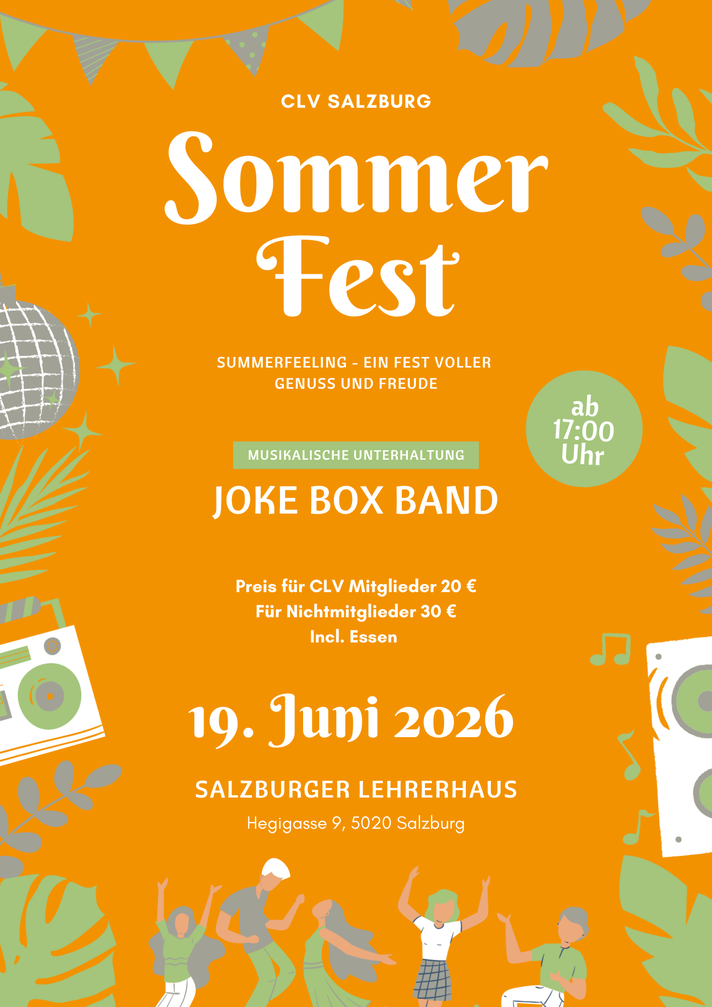 Ein farbenfrohes Plakat für eine Sommerfest-Veranstaltung am 19. Juni 2026 in Salzburg. Das Plakat zeigt Tänzer, Musik- und Party-Illustrationen sowie Textinformationen zum Event, inklusive Eintrittspreisen, Uhrzeit und Ort.