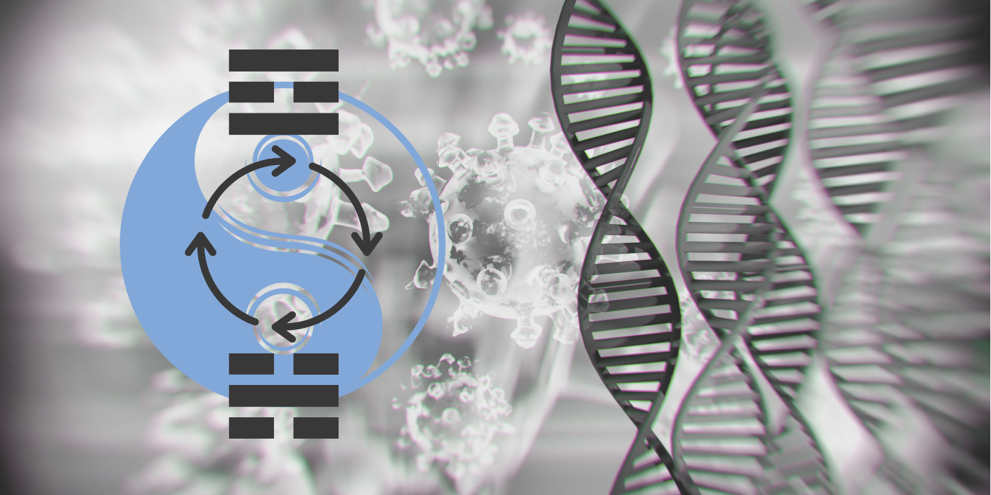 Yin Yang symbol with water and fire trigrams, and DNA