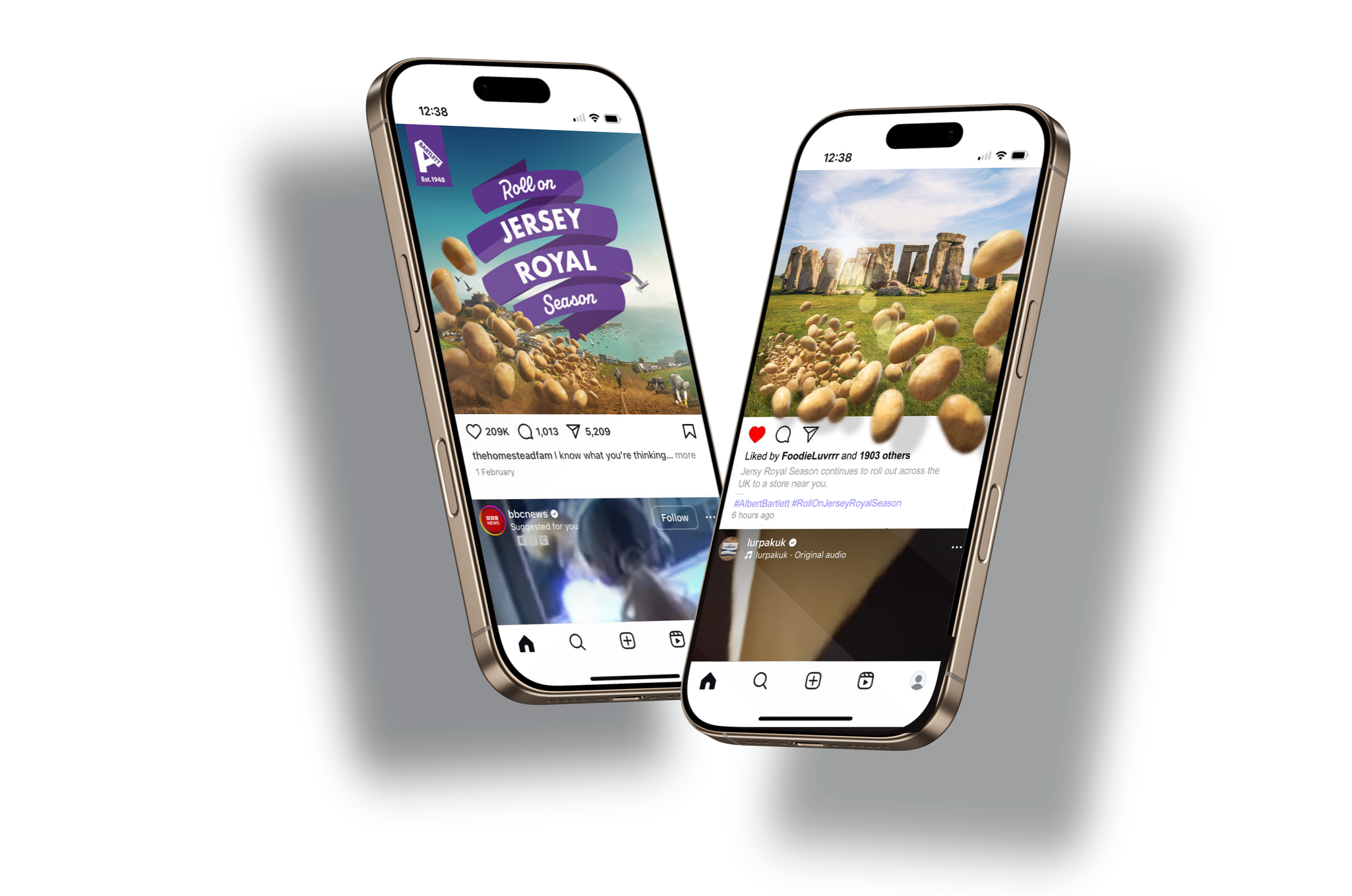 Two smartphones displaying social media posts related to Jersey Royal season, featuring images of fields with rocks and floating potatoes, and user interactions like likes and comments.