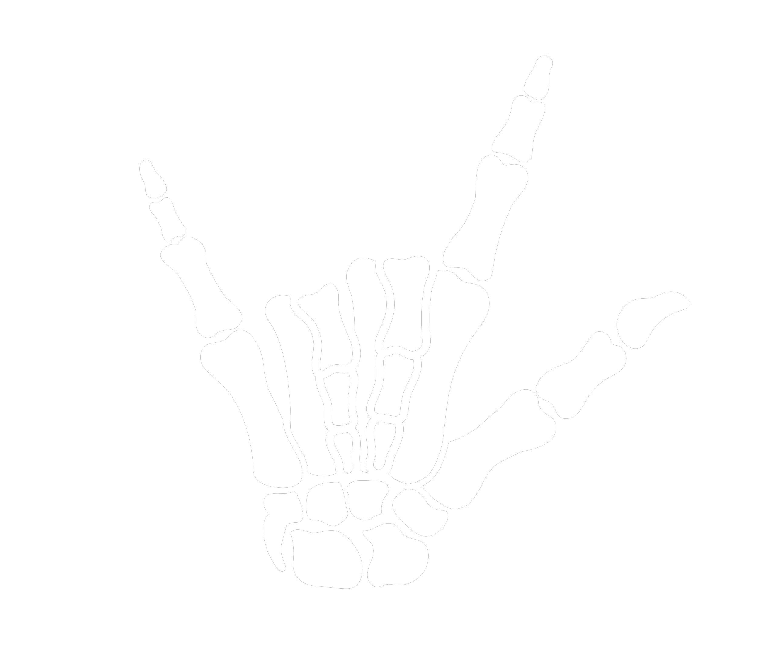 A black and white illustration of a skeletal hand making the rock and roll sign with the index and pinky fingers raised.