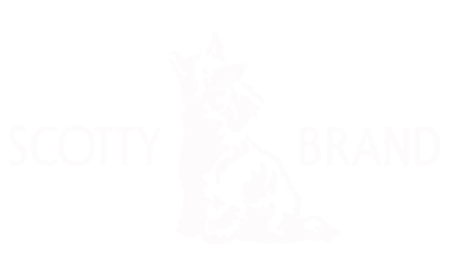 Black and white logo with a dog and a cat sitting together, with the words "Scotty Brand" beside them.